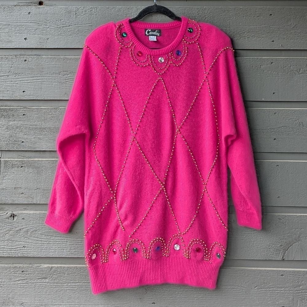 VTG 80s Cavalini Hot Pink Bedazzled Beaded Wool Mohair Tunic Sweater Size Large